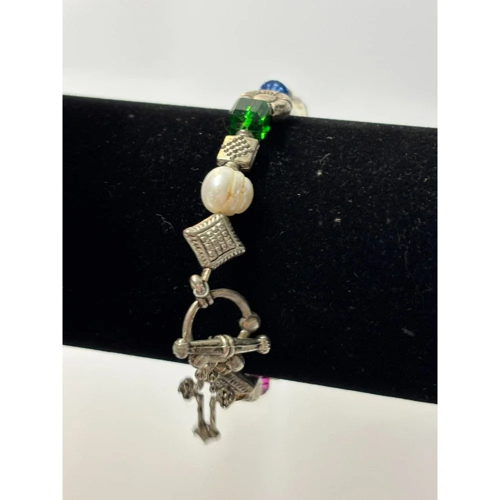 Y2K Charm Bracelet Silver Tone Purple‎ Green Yellow Beads Cross Crucifix